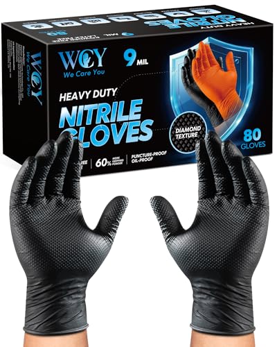 wcy 9 Mil Heavy Duty Disposable Nitrile Gloves, Black XLarge, Diamond Grip | 80 Ct Disposable Latex Free,Chemical Resistant Thick Rubber Gloves for Mechanic,Auto Repair,Industrial,Food Processing - color: Black-80, size: X-Large