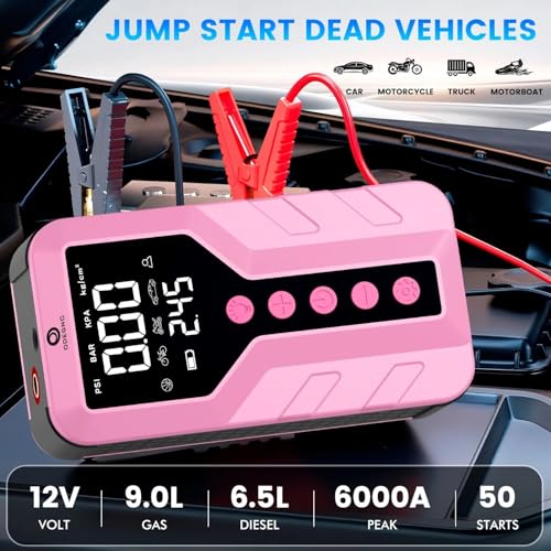 Jump Starter with Air Compressor for All-Terrain Vehicles, Deep Pink, Lithium Ion, 12 Volts, 6000 Amps Peak, 25000mAh - color: Deep Pink