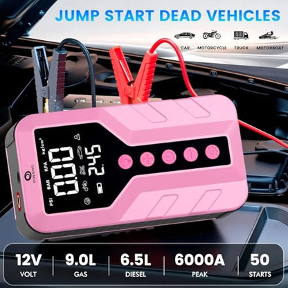 Jump Starter with Air Compressor for All-Terrain Vehicles, Deep Pink, Lithium Ion, 12 Volts, 6000 Amps Peak, 25000mAh - color: Deep Pink