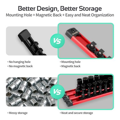 CHAGO 3PC Magnetic Socket Organizer, 40 Clips 1/4" 3/8" 1/2" Aluminum Swivel Rail
