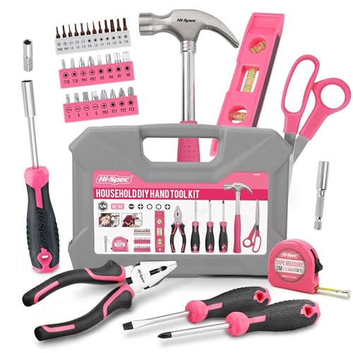Hi-Spec Tool Kit, General Household Hand Tool Set with Toolbox Storage Case, All-in-One Compact Toolkit for DIY & Dorm Use, Pink | 38pc, everyday fixes made easier, organized portable storage, beginner-friendly selection, apartment and office tasks, tidy