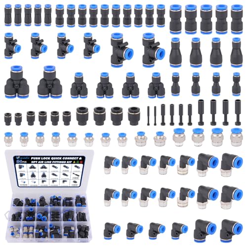 94 Pcs Quick Connect Air Line Fittings Kit Pneumatic Push Lock Air Fittings 1/8",1/4",3/8" Push to Connect & NPT Thread Air Hose Fittings Quick Release Airline Fitting Kit - color: Black-94PCS