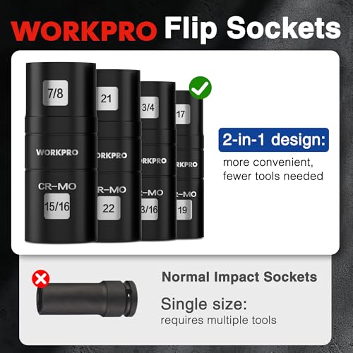 WORKPRO 5PCS Impact Socket Set 1/2" Drive, Lug Nut Socket Set, Wheel Socket Set Cr-Mo Steel, Includes 1PC 3" Extension Bar & 4PCS Flip Sockets of 6 Metric and SAE Sizes - size: 5pcs Flip Socket Set