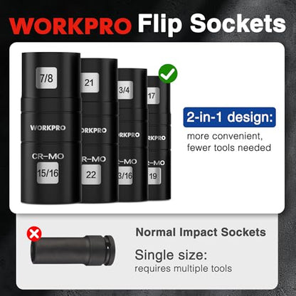 WORKPRO 5PCS Impact Socket Set 1/2" Drive, Lug Nut Socket Set, Wheel Socket Set Cr-Mo Steel, Includes 1PC 3" Extension Bar & 4PCS Flip Sockets of 6 Metric and SAE Sizes - size: 5pcs Flip Socket Set
