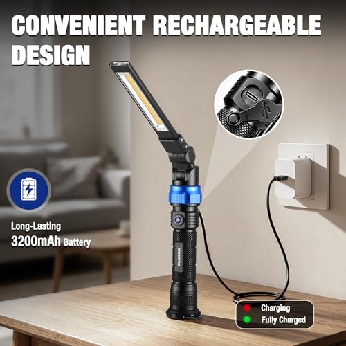 WORKPRO Magnetic LED Work Light, 3200mAh Foldable Rechargeable Flashlight, Mechanic Light with 360° Rotation & Dimming Mode, Portable 1200LM Flood Light for Camping, Repair, Emergency, 4 Modes, 1 Pack