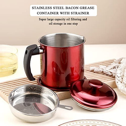 Kyraton Bacon Grease Container With Strainer, 48 oz Metal Shining Red Stainless Steel Oil Container, Pot Fat Storage With Lid, Easy Grip Handle Suitable For Storing Frying Oil And Cooking Grease - color: 4.Metal Red