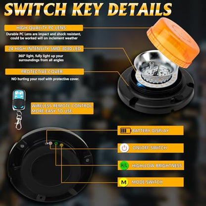 Remote Control Beacon Light, Rechargeable Wireless Amber Flashing Lights with Magnetic,15 Modes, High Low Brightness for Snowplow Tow Work Trucks Tractor - color: Amber