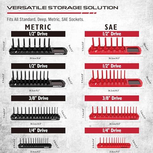 10-Piece Socket and Wrench Organizer Set, 8PC Socket Organizer Tray and 2PC 24-Slot Magnetic Wrench Organizer, for 1/4", 3/8", 1/2" Drive SAE and Metric, Toolbox Drawer Storage, Tools Not Included