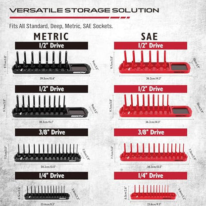 10-Piece Socket and Wrench Organizer Set, 8PC Socket Organizer Tray and 2PC 24-Slot Magnetic Wrench Organizer, for 1/4", 3/8", 1/2" Drive SAE and Metric, Toolbox Drawer Storage, Tools Not Included