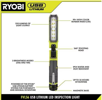 RYOBI USB Lithium Cordless 550 Lumens Rechargeable Inspection Flashlight Kit with 2.0 Ah Battery and Charging Cable
