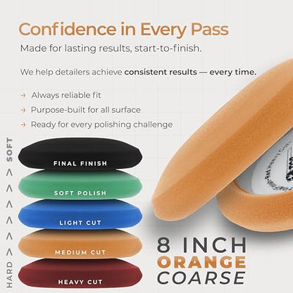 TCP Global 8" Orange Foam Buffing Pad Extra Coarse Cutting Polish Hook and Loop Backing - Buffing Pad for Automotive, Marine, Truck, RV & Compound Cutting - color: Yellow