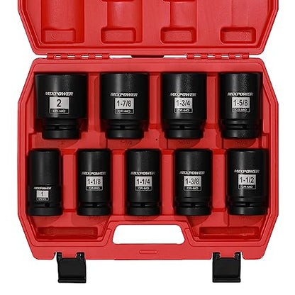 MIXPOWER 9PCS 1"Drive Impact Deep Socket Set, 6 Point, 1" - 2", CR-MO, SAE, Deep, 1" Dr. Deep Spindle Axle Nut Impact Socket Set - size: 25.4mm-50.8mm (9 Pieces)