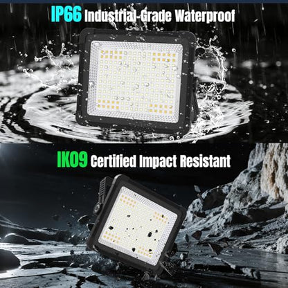 600W Solar 52000MAh Rechargeable Work Light, 600 LED 52000LM Portable Flood Light with Stand＆infinitely dimmable Function, IP66 Waterproof 3 Modes LED Job Site Lighting Flashlights for Mechanic Car - color: Black