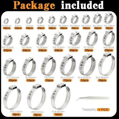 660Pcs 26 Sizes Single Ear Hose Clamps Kit,304 Stainless Steel 5.3-36.1mm Stepless Constant Tension Clamps for Fuel Line, Coolant Hose, PEX Plumbing, Irrigation & AC Hose Clamp - size: 660PCS