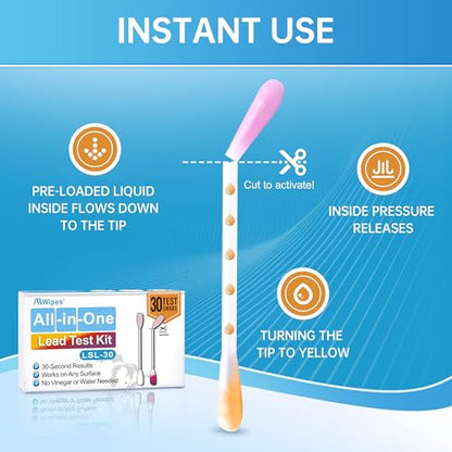 AAwipes Lead Test Kit All-in-1 30 Swabs Results in 30 Seconds at Home Lead Testing Kit for Paint Convenient Use No Vinegar or Water Needed