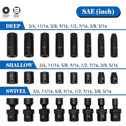 MacWork 67 Pieces 3/8“ Drive Impact Socket Set, SAE and Metric Sockets, CR-V & CR-Mo, Complete Socket Set with Shallow, Deep & Swivel Sockets, Includes Ratchet, Extension Bars & Adapters