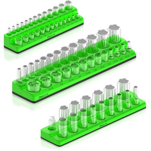 Olsa Tools Magnetic Socket Organizer - 3-Piece Drive SAE Socket Holder Set with Strong Magnets - Stores up to 68 Sockets - Green - Part: 1148 - color: Green, Sae, size: 3 Piece Set - 1/4-Inch, 3/8-Inch, & 1/2-Inch Drive