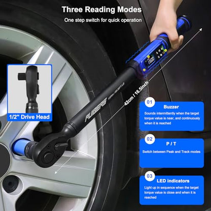 1/2" Digital Torque Wrench 1.5-99.56 Ft-lb (2-135 Nm) with 3/8" Adapter, Electronic Inch Pound Torque Wrench 3/8", 5 Units ±1% Accuracy with Buzzer & LED Alerts for Car Bike Moto - size: 1/2" 1.5-99.56 FT.LB