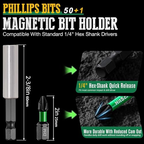 50 Pcs Phillips Bits #2 Impact 1" + Magnetic Bit Holder, S2 Steel Magnetic Screwdriver Bits for Impact Drivers, Home Repair & DIY Use - size: 1"-51pcs