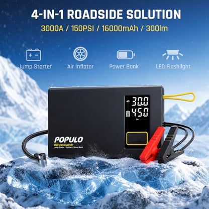POPULO Car Jump Starter with Air Compressor, 12V 59.2Wh Portable Booster Pack Box with 150PSI Digital Tire Inflator, Extended Smart Clamps, 3000A 4-in-1 Auto Battery Starter (All Gas/12L Diesel)