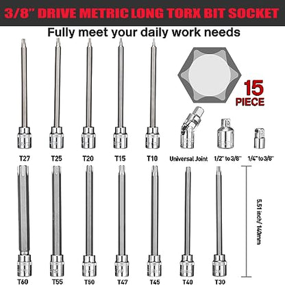 3/8" Drive Extra Long Torx Bit Socket Set,15-Piece T10-T60 Star Bit Socket Set S2 Alloy Steel Torx Bit 4.6" Length