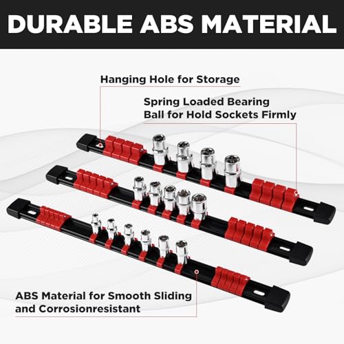 Socket Organizer, 1/4-Inch Drive Heavy Duty Socket Holder Kit ABS, Socket Rail 1/4-Inch x 16 Clips Black, 3 Pieces - color: Black, size: 3PC 1/4x3