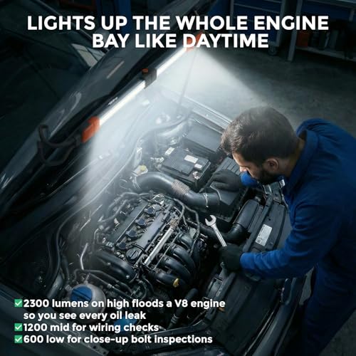 2300 Lumen Underhood Work Light Rechargeable - Foldable LED Mechanic Light Bar with 3 Brightness Levels, 6000mAh Battery Power Bank, IP65 Waterproof, Telescoping Hooks for Car Repair Garage