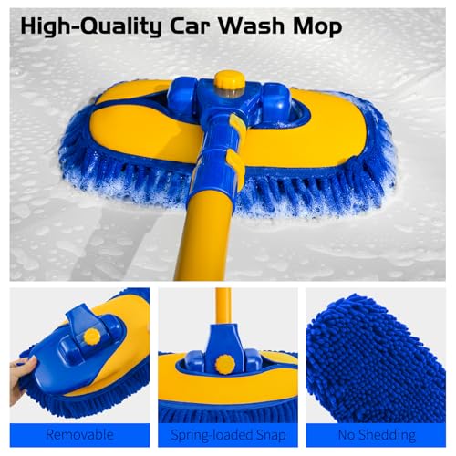 Ordenado 15°Curved Car Wash Brush with Long Handle, 43" Car Cleaning Brush with Extension Pole, Microfiber RV Wash Mop Scratch-Free, Exterior Washer Mop for Washing Roof Truck Camper SUV Caravan Blue - color: Blue and Yellow