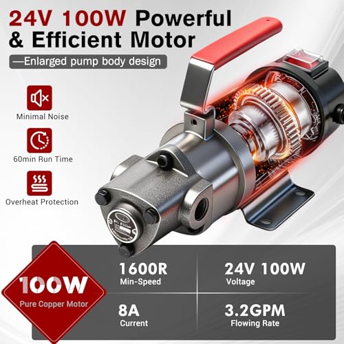24V Heavy-Duty Gear Pump, 3.2 GPM High Flow Oil Change Pump with Steel Wire Hose, Oil Transfer Pump for Viscous Liquids, Fluid Transfer in Mechanical Equipment for Home Business Farm Boat