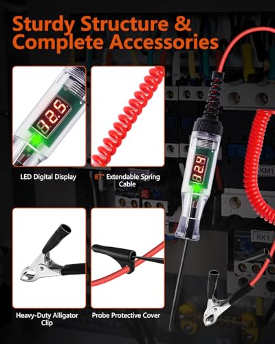 Automotive Test Light 3-48V Digital LED Voltage Tester, Car Circuit Tester with Polarity Indicator, 87" Spring Cable & Stainless Steel Probe for Car RV Truck Fuse Battery Detection