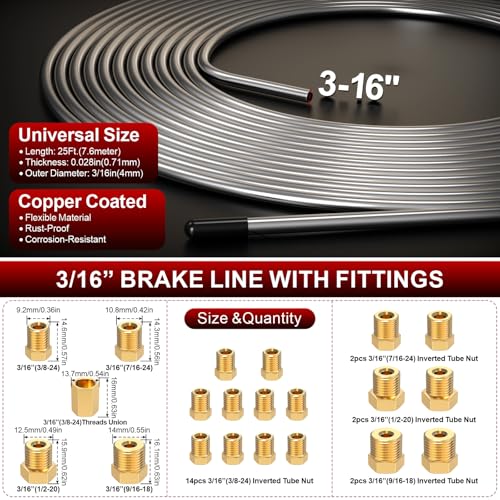26PCS 3/16" Brake Line Kit, 25FT Zinc-Plated Brake Lines for Auto Repair | 25FT Lines+16 Brass Fittings+2 Unions+4 Nuts+Brake Line Bender+Single Flaring Tool+Cutter for Car Truck SUV Brake Systems