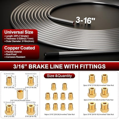 26PCS 3/16" Brake Line Kit, 25FT Zinc-Plated Brake Lines for Auto Repair | 25FT Lines+16 Brass Fittings+2 Unions+4 Nuts+Brake Line Bender+Single Flaring Tool+Cutter for Car Truck SUV Brake Systems