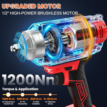 Eioehtl Cordless Impact Wrench 1200Nm, Impact Driver & Impact Drill 1/2" Brushless Power Tool with 2×4.0Ah Batteries, 5 Sockets, 8 Drill Bits, 5 Driver Bits, Extension Bar & Adapter for Car, Van & DIY