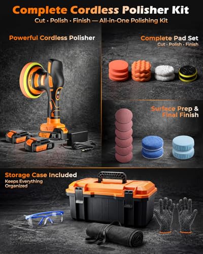 8-Speed Cordless Car Buffer Polisher Kit, 28 PCS Complete Kit | Long Runtime, Hard Carrying Case, for Waxing, Polishing and Scratch Removal on Cars, RVs and Boats, Ideal for Gift Giving