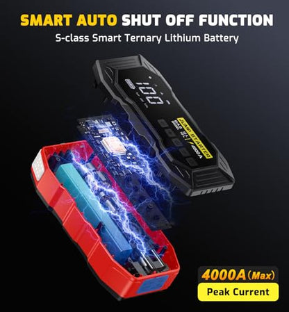 Jump Starter with Air Compressor 4000A Portable Car Battery Jump Starter (All Gas/10L Diesel), 160PSI Auto-Shutoff Tire Inflator Air Compressor, SuperSafe 12V Jump Box Car Battery Jumper Booster