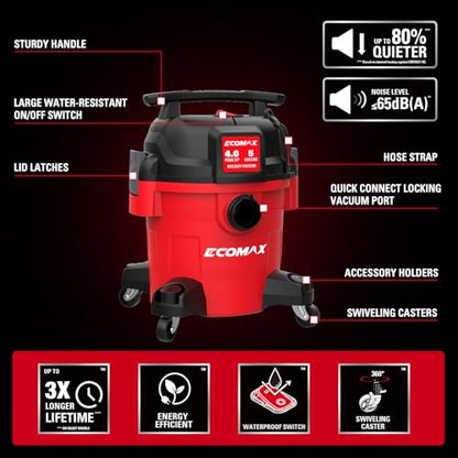 ECOMAX Ultra Quiet Shop Vacuum Wet and Dry 5 Gallon 4 HP | 80% Quieter Operation, 3X Longer Lifespan, Powerful Sunction & Portable Design for Garage, Workshop & Jobsite (EM18421P-5A)