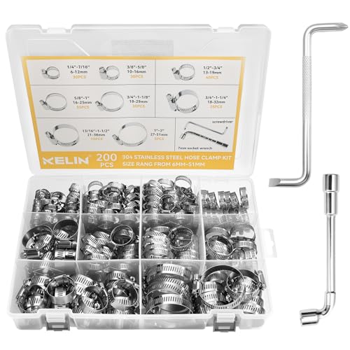 KELIN 202PCS 304 Stainless Steel Hose Clamp Kit, 8 Sizes from 1/4" to 2" (6-51mm) Adjustable Worm Gear Clamps with Socket Wrench & Screwdriver, Automotive Fuel Line Water Pipe Clamps Assortment Set - size: 202PCS