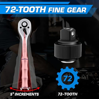 KOOPOOL 3-Piece Ratchet Set, 1/4", 3/8", 1/2" Drive | 72-Tooth, Quick Release, Reversible Socket Wrench, Chrome Alloy