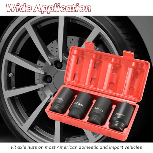 1/2-Inch Drive Impact Socket Set 4PCS 30mm 32mm 34mm 36mm | Heavy-Duty Deep Spindle Axle Nut Socket Set, CR-MO, Metric 12 Point, Professional Axle Nut Removal and Installation Kit