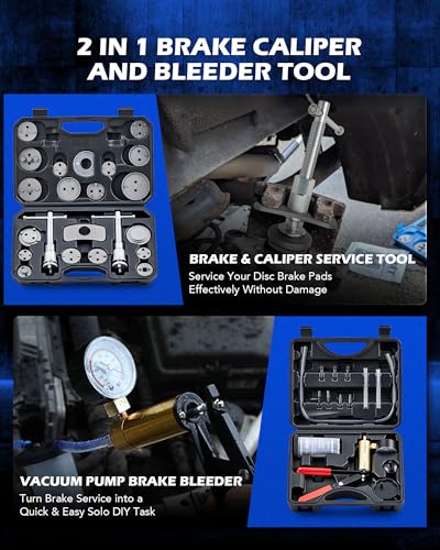 OMT 2 in 1 Brake Caliper Compression Tool & Radiator Fluid Bleeder Kit | Handheld Vacuum Pump Brake Bleeder Tool Set, Disc Brake Pad Service Tool with Thrust Bolt Retaining Plates & 18 Adapters - color: Black