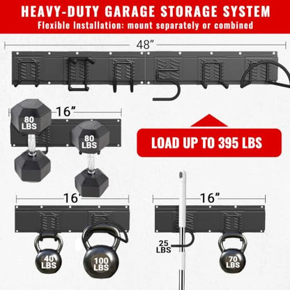 Garage Tool Organizer Wall Mount, Easy to 48inch Install Heavy-Duty Garage Storage System with 6 Adjustable Utility Hooks, Garden Tool Rack for Shovels, Rakes, Yard Tools - size: 48" System - 6 Piece Elite Set