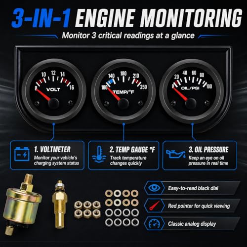 2" 52mm Triple Gauge Set, Oil Pressure Gauge, Water Temp Gauge, Voltmeter, 3 in 1 Automotive Gauge Kit, 12V Car Truck Boat Marine (RED) - color: RED
