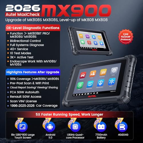Autel MaxiCheck MX900 Scanner, 2026 Bidirectional Scan Tool with 3000+ Active Test, DoIP&CAN FD, 40+ Service, US Ver. of MaxiCOM MK900 MK900BT, Up of MK808BT MK808S MX808S, All-Sys Diagnose, FCA 11OS