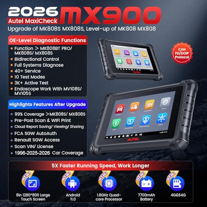 Autel MaxiCheck MX900 Scanner, 2026 Bidirectional Scan Tool with 3000+ Active Test, DoIP&CAN FD, 40+ Service, US Ver. of MaxiCOM MK900 MK900BT, Up of MK808BT MK808S MX808S, All-Sys Diagnose, FCA 11OS