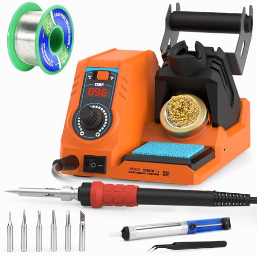 926LED V1 110W High-Power Soldering Station Iron Kit in Orange with Temperature Control includes Lead-Free Solder, 6 Soldering Tips, ESD-Safe Tweezers, Solder Wire Dispenser, Tip Cleaner - color: Orange