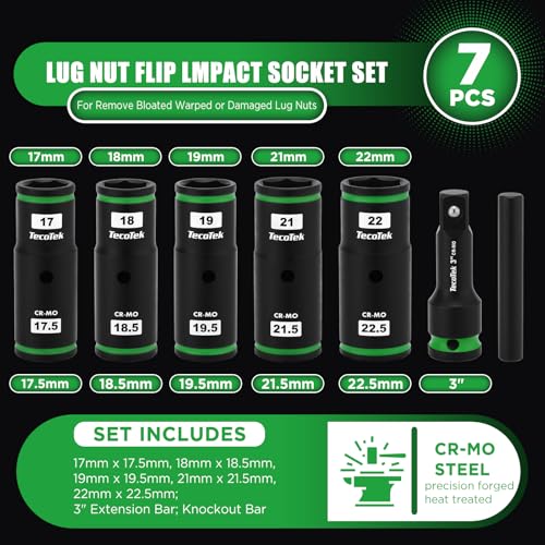 TecoTek 7PCS Lug Nut Socket Set, 1/2” Impact Thin Wall Flip Socket, Half Size Wheel Socket Set, Metric, 6 Point, 3" Extension Bar & Knockout Bar, 17.5mm, 18.5mm, 19.5mm, 21.5mm, and 22.5mm - size: Half Size Metric
