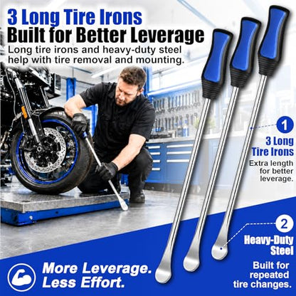 Tire Spoons, 29PCS Tire Changing Tool Kit with 3 x 14.5 Inch Blue Tire Irons, Motorcycle Tire Spoons and Tire Levers, Tire Removal & Mounting Tools for Dirt Bike, ATV, Lawn Mower Tires
