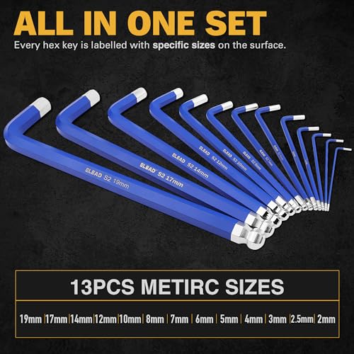 ELEAD Jumbo Hex Key Allen Wrench Set | 13-Piece Metric 2-19mm | Long Ball End Durable S2 | 4" - 13.5" Long | Automotive | Mechanic | Furniture | Professional Grade Tools - style: 13PCS Jumbo Metric