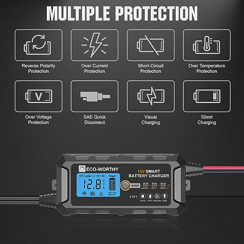 ECO-WORTHY 12V 5A Automatic Smart Battery Charger and Maintainer LCD Display for Lead Acid and Lithium (LiFePO4) Battery