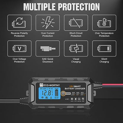 ECO-WORTHY 12V 5A Automatic Smart Battery Charger and Maintainer LCD Display for Lead Acid and Lithium (LiFePO4) Battery